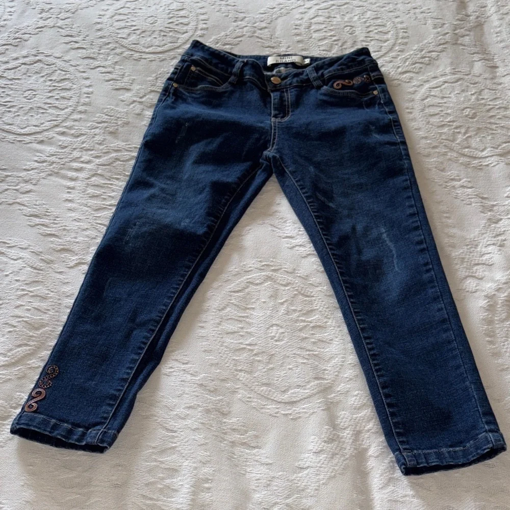 Mini Brand Womens Blue Skinny Ankle Jeans Leather Crystal Accents Gently Loved M - Picture 1 of 12